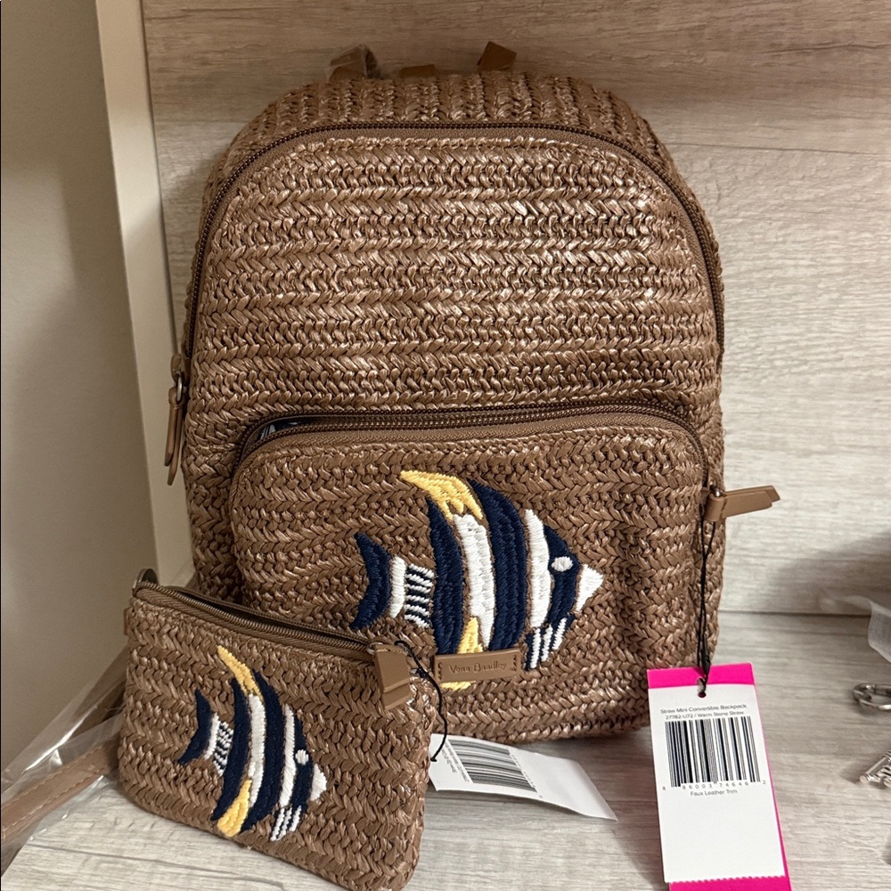 Vera Bradley Brown Woven Backpack with Fish Design